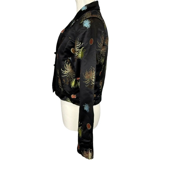 Night Lights Oriental Floral Print Jacket Cropped Silk Blend Black Womens Size 4 - Picture 4 of 9